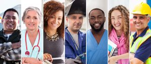 Business persons in a collage smiling while working