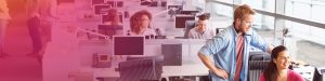 Man giving business advice to woman at her desk